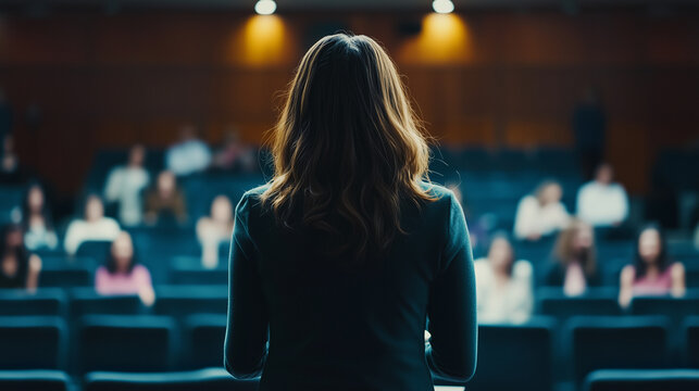 Primer plano de una mujer dando un discurso ante una conferencia de personas