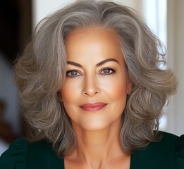 Naklejka premium Elegant mature woman with gray hair smiling confidently