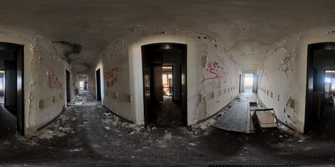 A stunning 360 HDRI panorama of an abandoned and ruined hotel, capturing the eerie and atmospheric beauty of decay. The high-dynamic-range imaging reveals intricate details of broken walls.