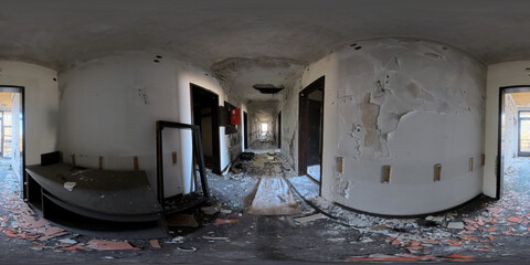 A captivating 360 HDRI panorama of an abandoned and ruined hotel room, showcasing the haunting beauty of decay. The high-dynamic-range imaging reveals intricate details like peeling wallpaper.