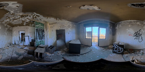 A captivating 360 HDRI panorama of an abandoned and ruined hotel room, showcasing the haunting beauty of decay. The high-dynamic-range imaging reveals intricate details like peeling wallpaper.