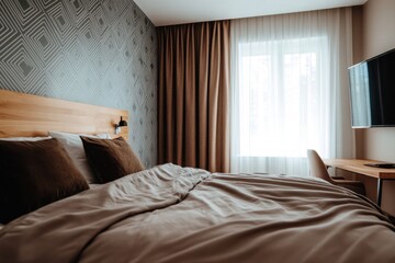 Modern bedroom interior with wooden headboard, neutral bedding, and large window.