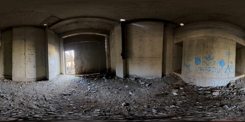 360 HDRI panorama of a concrete building, showcasing its raw, industrial aesthetic. The high-dynamic-range imaging captures the texture and details of the concrete surfaces.