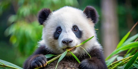 Gordijnen Panda Adorable young panda bear enjoying a delicious bamboo snack in a lush green habitat  © Dounghathai