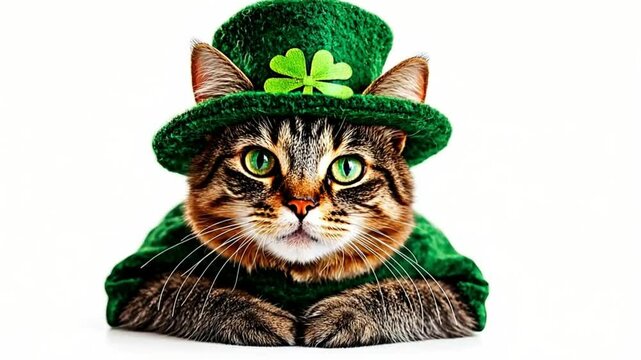Portrait of a ginger cat wearing a green leprechaun hat, celebrating saint patrick's day	
