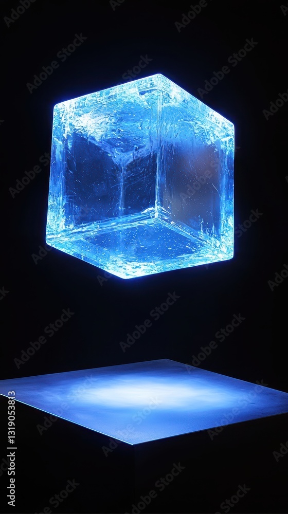 Poster floating blue illuminated hexagonal ice cube on black background