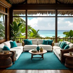 Obraz premium A tropical living room with white couches and blue pillows overlooking the ocean.