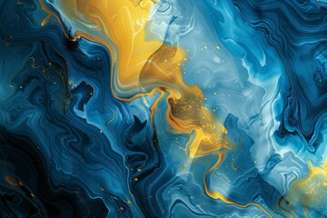 Obraz premium Photo of Blue and yellow liquid fluid art pattern. Detailed photo textured background