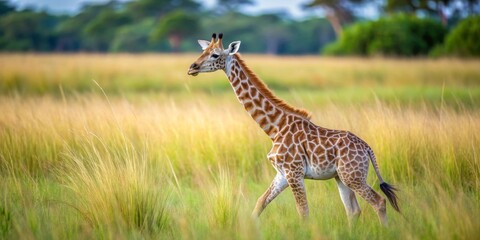 A young giraffe gracefully strides through a field of tall grass, its spotted coat contrasting beautifully against the golden hues of the savanna.