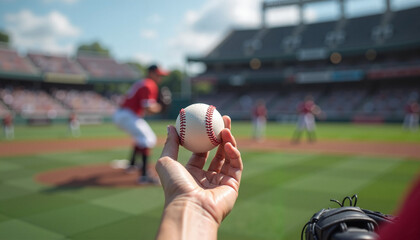 Player throwing a baseball from the foreground to teammates in a stadium during a sunny game day
