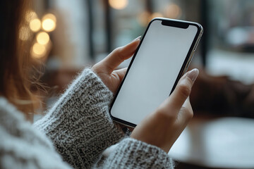 Person sits comfortably in a warm, inviting space while holding a phone.