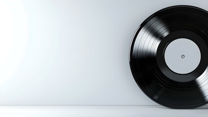 Obraz premium A black vinyl record leaning against a plain white wall, showcasing its glossy surface and circular shape. Concept Black Vinyl Record, Glossy Surface, Circular Shape, Minimalistic Aesthetic, Wall Art