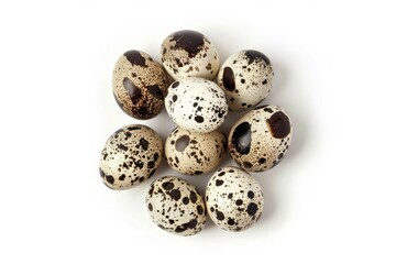 Cluster of speckled quail eggs on white background. Artificial intelligence image