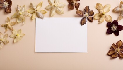 Fototapeta premium Dried clematis flowers scattered on beige background with copy space for mockup card featuri 