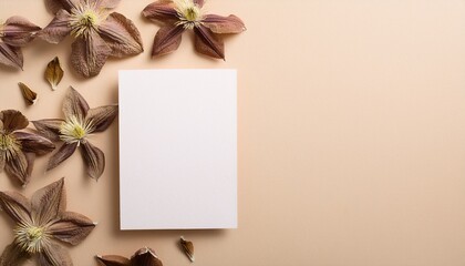 Dried clematis flowers scattered on beige background with copy space for mockup card featuri 