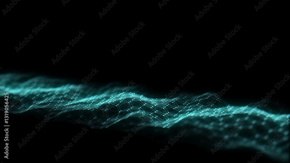 Fototapete Dark hexagon wave of particles and lines with glitch effect. Big data visualization. Abstract background with a dynamic wave. 3d rendering.