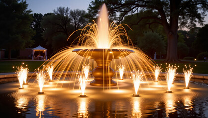 Illuminated wishing fountain at evening park, magical ambiance