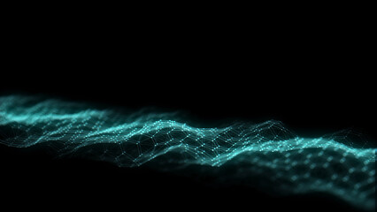 Dark hexagon wave of particles and lines with glitch effect. Big data visualization. Abstract background with a dynamic wave. 3d rendering.