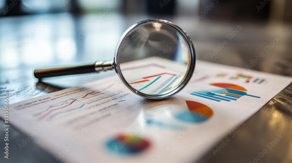 Poster analyzing business report with magnifying glass on chart pages