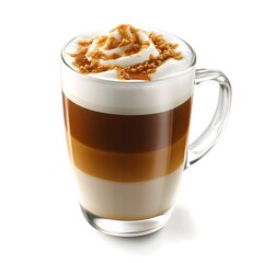 Classic cup of coffee topped with whipped cream and rich caramel flavor isolated on a crisp white background