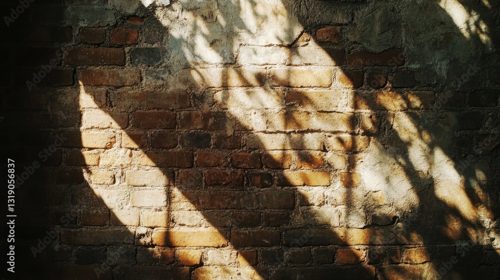 Poster sunlight streams through foliage, casting intricate shadows on an aged brick wall, creating a serene