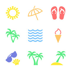 Obraz premium Bright minimalistic icons on the theme of summer and vacation. Set of colorful summer icons