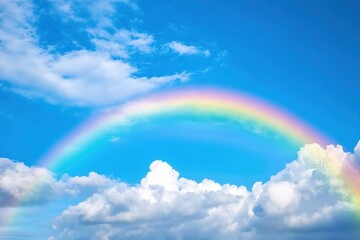 Pastel colored rainbow on blue sky background