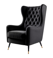 Naklejka premium Black suede high back chair with carriage tie, isolated on transparent background, png