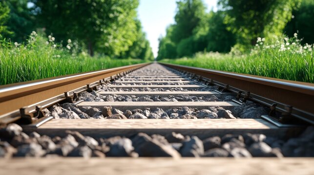 Nature surrounds railway track with vibrant greenery under blue sky