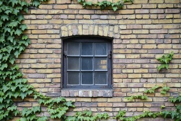Vintage window on weathered brick wall. Artificial Intelligence image