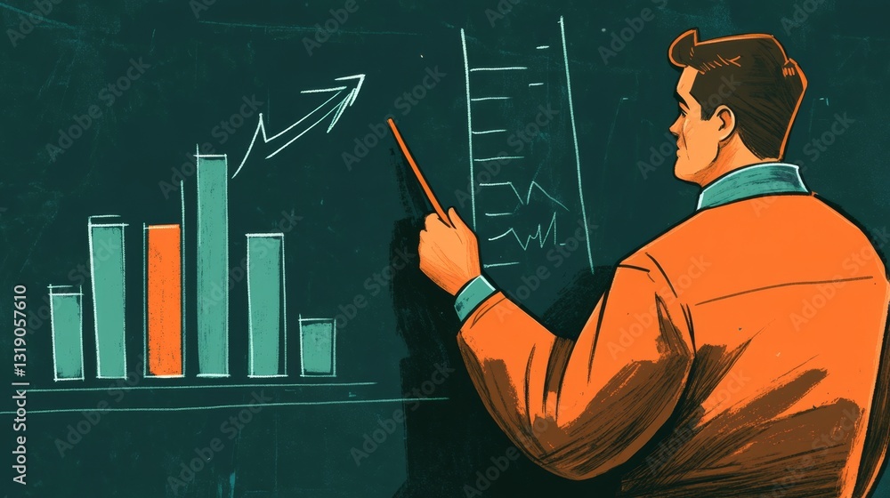 Poster businessman with furrowed brow concentrating on graphical data