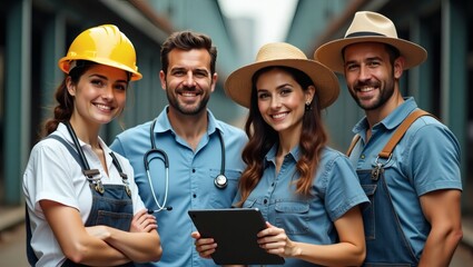 group of smiling workers posing for the camera with diverse occupations. The people are wearing different uniforms