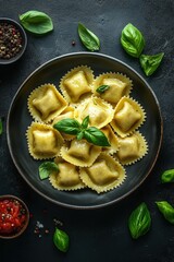 Italian ravioli with meat filling, artistically presented with fresh basil leaves and a touch of tomato sauce