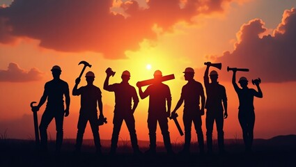 Fototapeta premium group of construction workers silhouette with tools at sunset. Showing solidarity and dedication with tools in their hands
