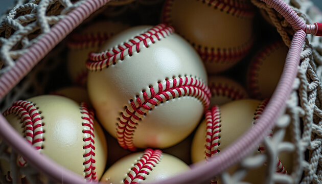 Close-up view of baseballs nestled inside a sports bag with detailed stitching and texture
