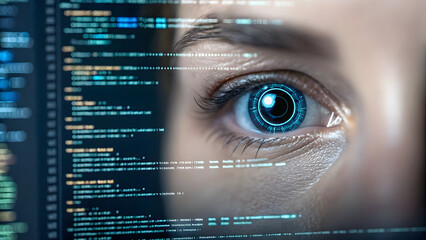 large language model artificial intelligence robotic eye scanning digital code, highlighting data analysis and technology