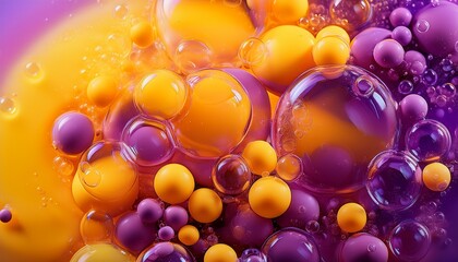 Fototapeta premium Purple and yellow soap bubbles in paint create an abstract design suitable for a colorful