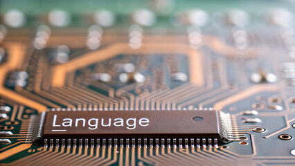 large language model artificial intelligence Microchip on circuit board with Language text, symbolizing technology