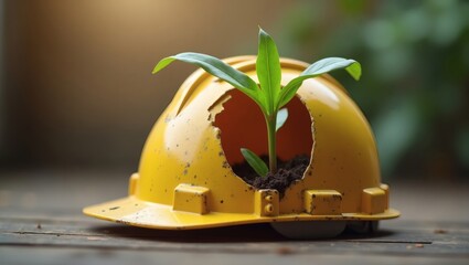 a sprout growing out of the construction hat representing environment and protection