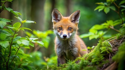 A Curious Young Red Fox Kit Peering from Lush Green Foliage in a Woodland Setting