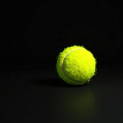 Bright yellow tennis ball, stark black background, sport, equipment, contrast