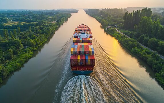 un enorme bateau porte conteneurs en train de naviguer dans un canal