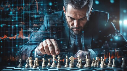Businessman Concentrating on Chess Strategy with Digital Data Overlay