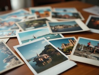 Vintage travel photos spread out on a wooden table, evoking memories of past adventures