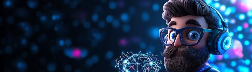 A digital character with headphones and glasses, surrounded by colorful lights, symbolizes creativity and technology in a vibrant atmosphere.