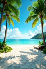 Fototapeta premium Chic beachfront resort, pristine sand, lush palms , relax, south pacific, white sand