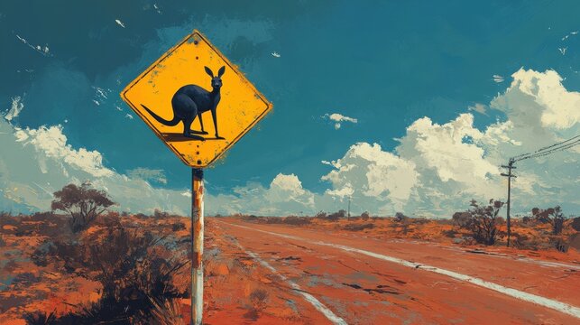 A vibrant yellow diamond road sign with a striking black kangaroo stands against a rich, deep-blue sky dotted with fluffy white clouds