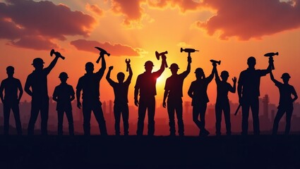 Fototapeta premium a group of construction workers stand silhouetted against a vivid sunset, holding up tools in a display of solidarity