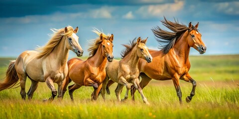 A majestic quartet of horses, their manes flowing freely, gallop across a vibrant meadow under a...
