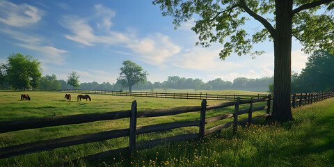 Peaceful Countryside Landscape with a Wooden Fence for Rustic Charm, Farm Life, or Nature Photography